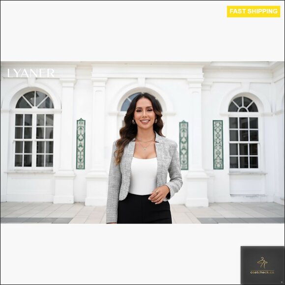 Tweed Plaid Cropped Blazer Open Front Stand Collar Work Office Jacket - Picture 7 of 7